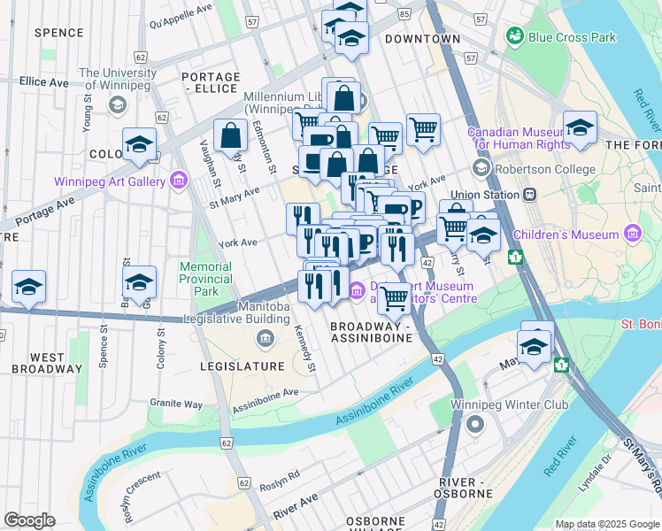 map of restaurants, bars, coffee shops, grocery stores, and more near 363 Broadway in Winnipeg