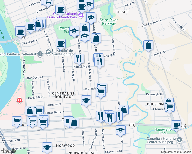map of restaurants, bars, coffee shops, grocery stores, and more near 461 Des Meurons Street in Winnipeg