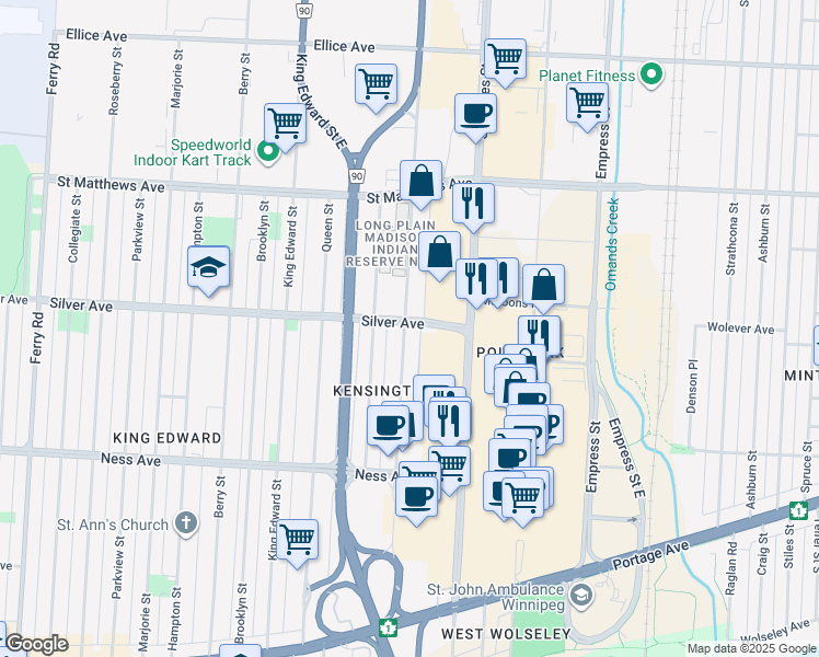 map of restaurants, bars, coffee shops, grocery stores, and more near 399 Madison Street in Winnipeg