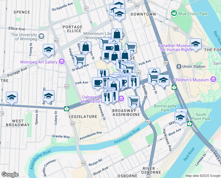 map of restaurants, bars, coffee shops, grocery stores, and more near 363 Broadway in Winnipeg