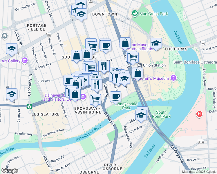 map of restaurants, bars, coffee shops, grocery stores, and more near 70 Route 42 in Winnipeg