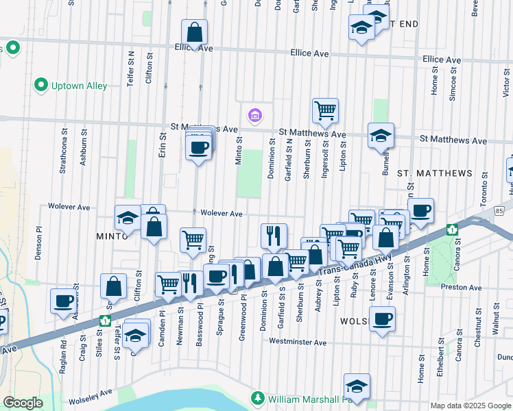 map of restaurants, bars, coffee shops, grocery stores, and more near 1095 Wolever Avenue in Winnipeg