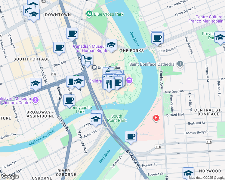 map of restaurants, bars, coffee shops, grocery stores, and more near 1 Forks Market Road in Winnipeg
