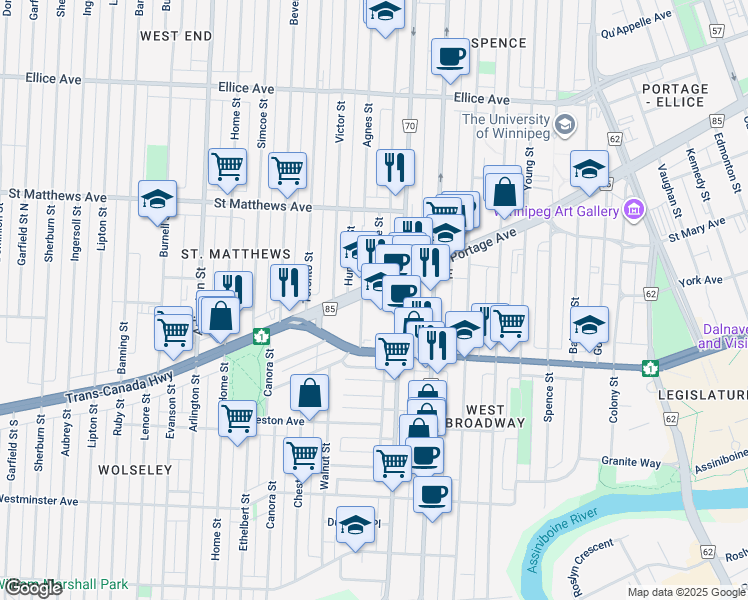 map of restaurants, bars, coffee shops, grocery stores, and more near 3 Borrowman Pl in Winnipeg