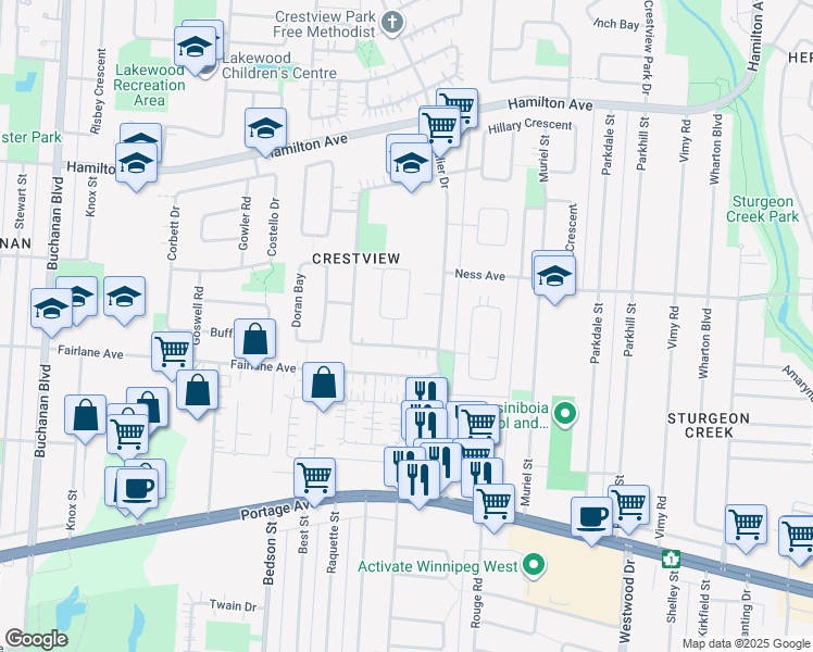 map of restaurants, bars, coffee shops, grocery stores, and more near 216 Carson Bay in Winnipeg