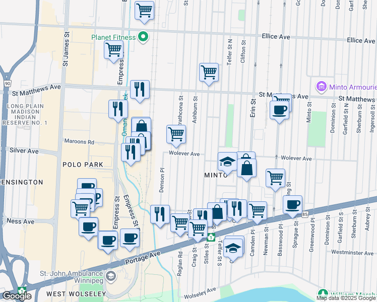 map of restaurants, bars, coffee shops, grocery stores, and more near 727 Ashburn Street in Winnipeg