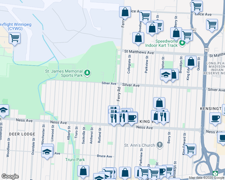 map of restaurants, bars, coffee shops, grocery stores, and more near 433 Inglewood Street in Winnipeg