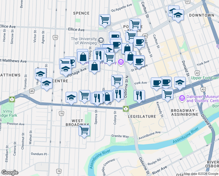 map of restaurants, bars, coffee shops, grocery stores, and more near 230 Good Street in Winnipeg