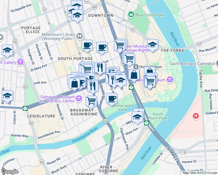 map of restaurants, bars, coffee shops, grocery stores, and more near in Winnipeg