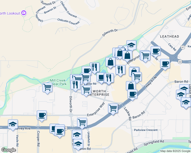 map of restaurants, bars, coffee shops, grocery stores, and more near in Kelowna