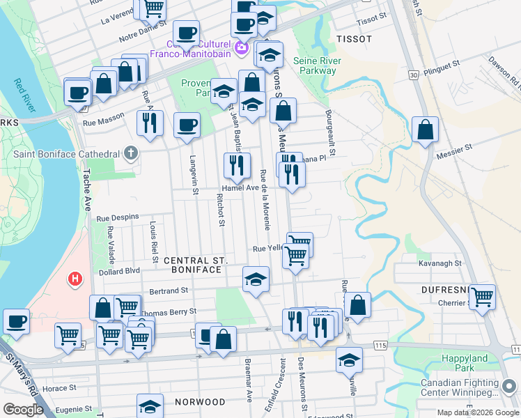 map of restaurants, bars, coffee shops, grocery stores, and more near 471 Rue de la Morenie in Winnipeg