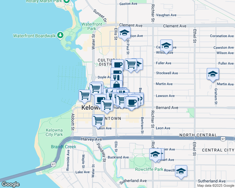 map of restaurants, bars, coffee shops, grocery stores, and more near 200-1475 Ellis Street in Kelowna