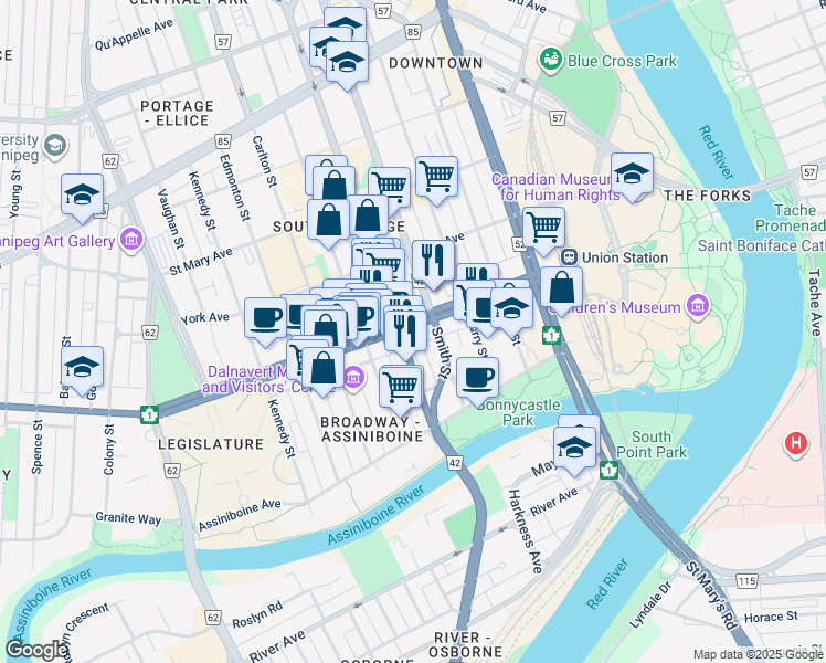 map of restaurants, bars, coffee shops, grocery stores, and more near 296 Broadway in Winnipeg