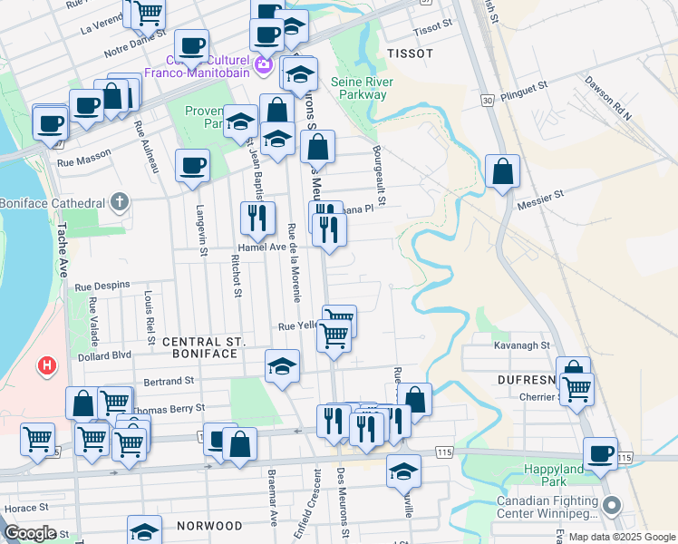 map of restaurants, bars, coffee shops, grocery stores, and more near 453 Des Meurons Street in Winnipeg