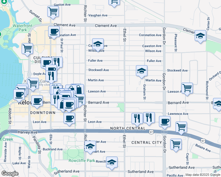 map of restaurants, bars, coffee shops, grocery stores, and more near 811 A Lawson Avenue in Kelowna