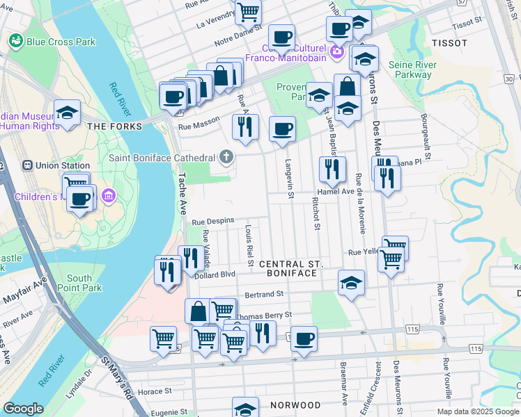map of restaurants, bars, coffee shops, grocery stores, and more near 205 Rue Despins in Winnipeg