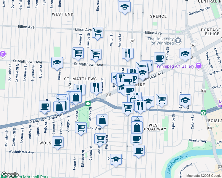 map of restaurants, bars, coffee shops, grocery stores, and more near in Winnipeg