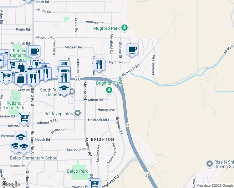 map of restaurants, bars, coffee shops, grocery stores, and more near 209 Brighton Road in Kelowna