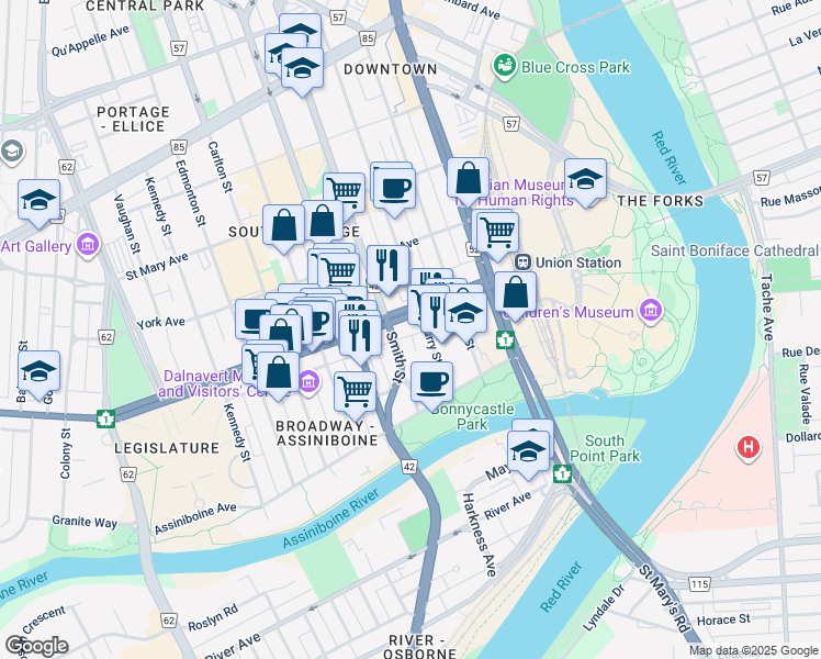 map of restaurants, bars, coffee shops, grocery stores, and more near 70 Route 42 in Winnipeg