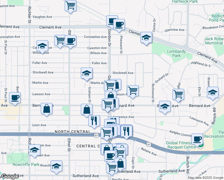 map of restaurants, bars, coffee shops, grocery stores, and more near 1467 Gordon Drive in Kelowna