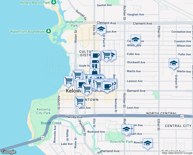 map of restaurants, bars, coffee shops, grocery stores, and more near 200-1475 Ellis Street in Kelowna