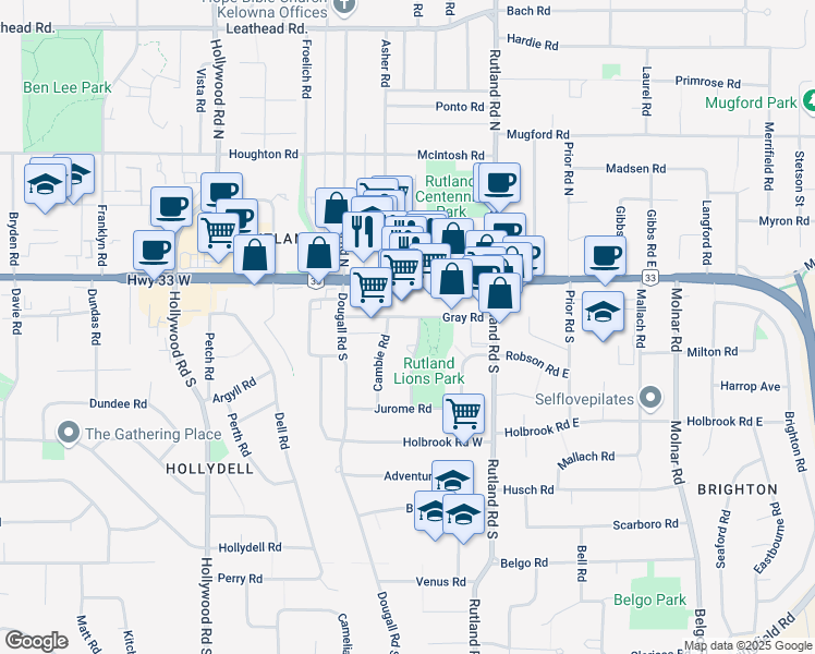 map of restaurants, bars, coffee shops, grocery stores, and more near 265 Gray Road in Kelowna