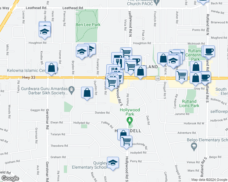 map of restaurants, bars, coffee shops, grocery stores, and more near in Kelowna