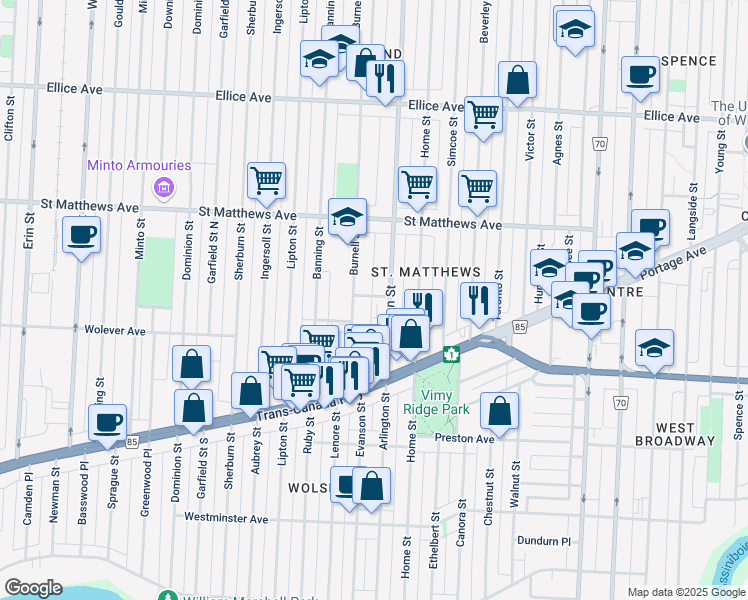map of restaurants, bars, coffee shops, grocery stores, and more near 808 Saint Paul Avenue in Winnipeg