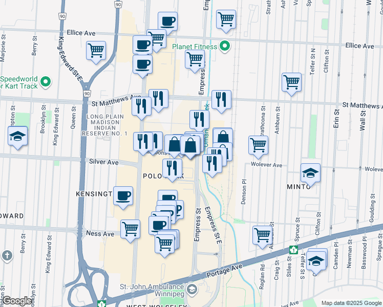 map of restaurants, bars, coffee shops, grocery stores, and more near 737 Empress Street in Winnipeg