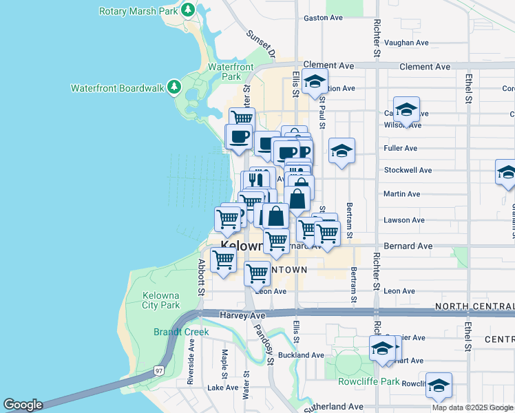map of restaurants, bars, coffee shops, grocery stores, and more near 1435 Water Street in Kelowna