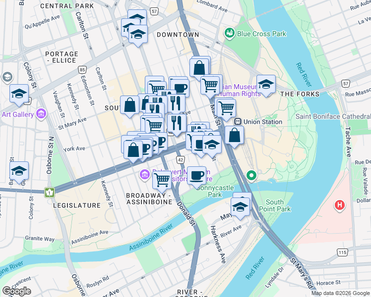 map of restaurants, bars, coffee shops, grocery stores, and more near 250 Broadway in Winnipeg
