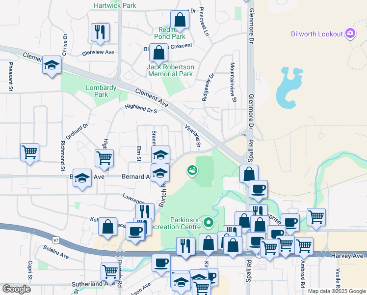 map of restaurants, bars, coffee shops, grocery stores, and more near 1413 Cherry Crescent East in Kelowna