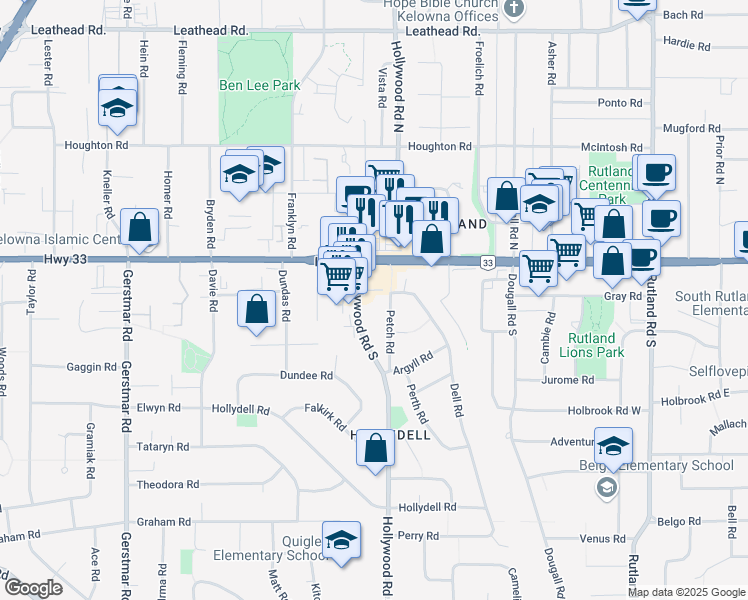 map of restaurants, bars, coffee shops, grocery stores, and more near 191 Hollywood Road South in Kelowna