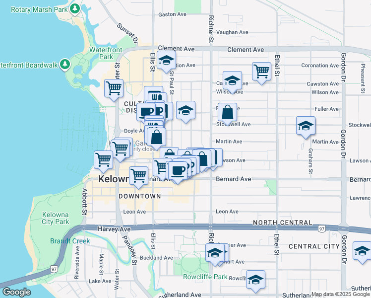map of restaurants, bars, coffee shops, grocery stores, and more near 1450 Bertram Street in Kelowna