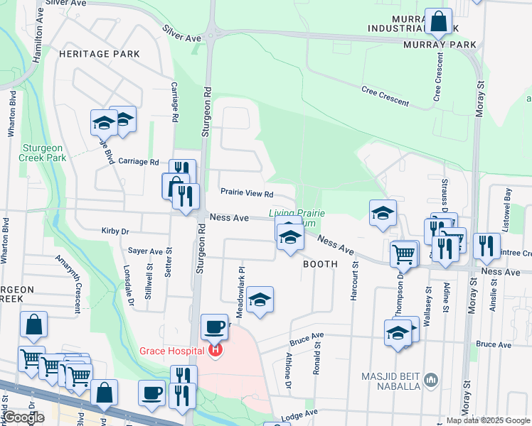 map of restaurants, bars, coffee shops, grocery stores, and more near 34 Prairie View Road in Winnipeg