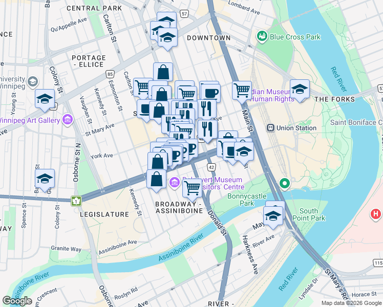 map of restaurants, bars, coffee shops, grocery stores, and more near 134 Smith Street in Winnipeg