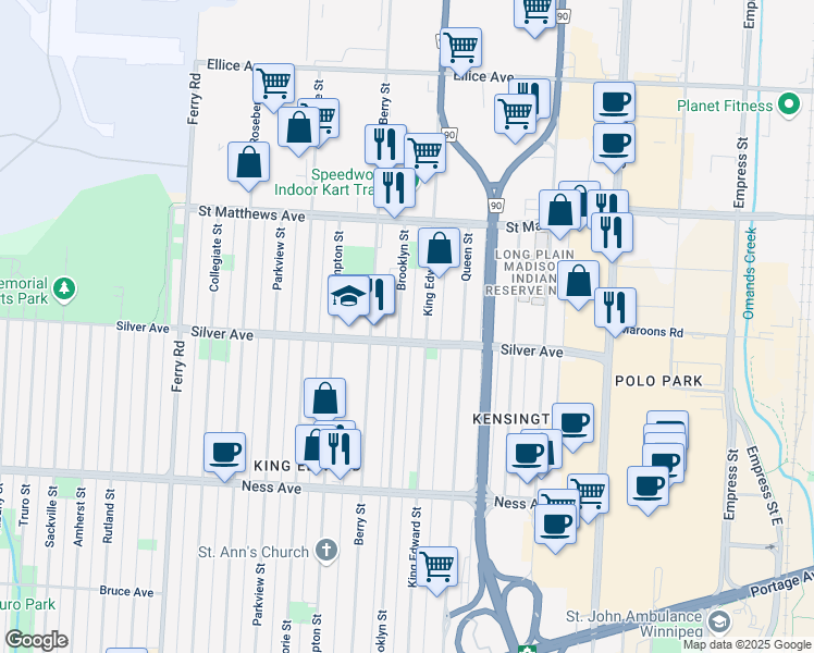 map of restaurants, bars, coffee shops, grocery stores, and more near 441 Brooklyn Street in Winnipeg