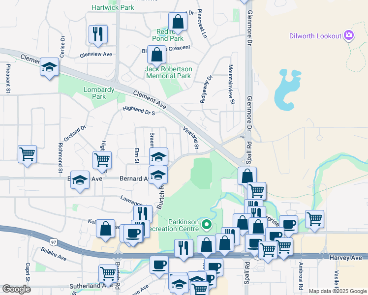 map of restaurants, bars, coffee shops, grocery stores, and more near 1413 Cherry Crescent East in Kelowna