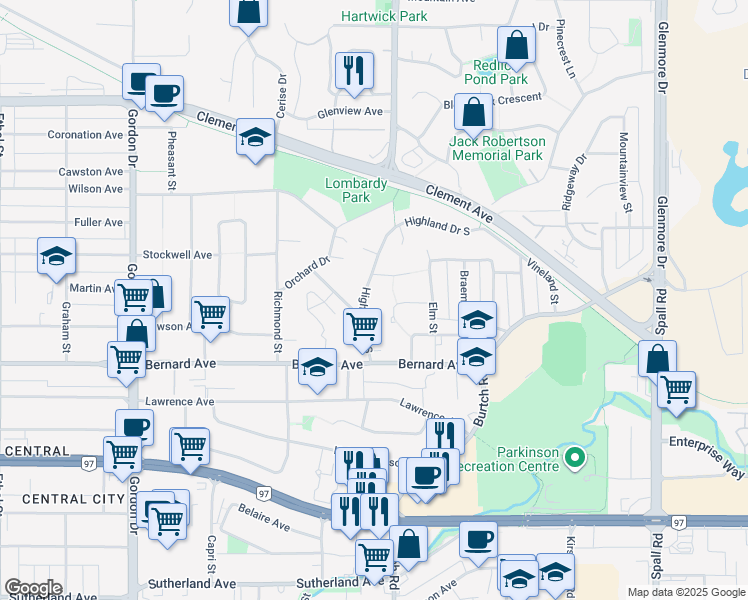 map of restaurants, bars, coffee shops, grocery stores, and more near 1425 Highland Drive South in Kelowna