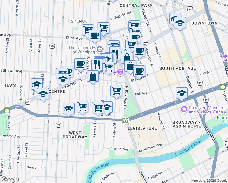 map of restaurants, bars, coffee shops, grocery stores, and more near 250 Colony Street in Winnipeg