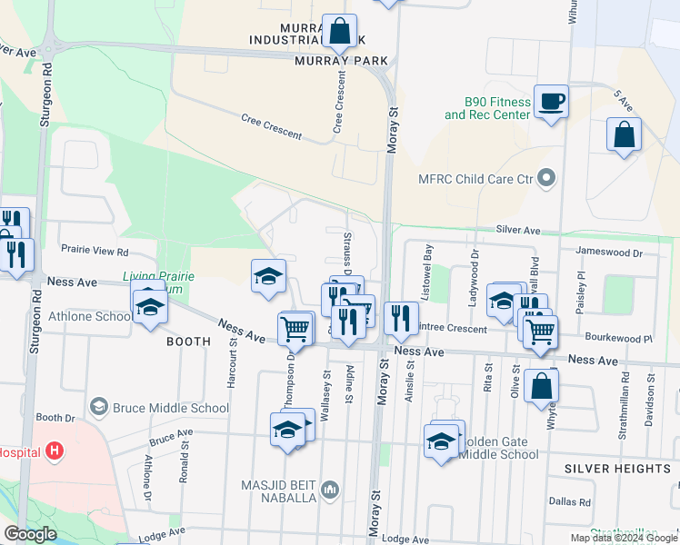 map of restaurants, bars, coffee shops, grocery stores, and more near 40 Strauss Drive in Winnipeg