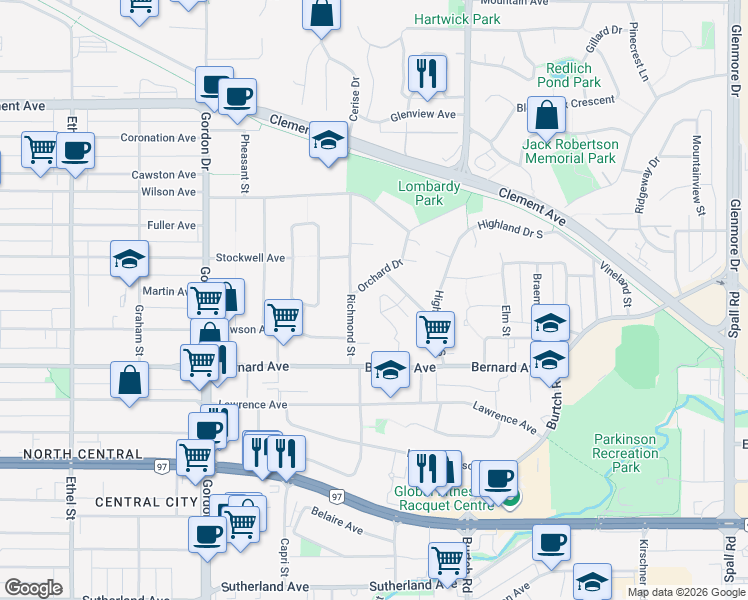 map of restaurants, bars, coffee shops, grocery stores, and more near 1412 Bankhead Crescent in Kelowna