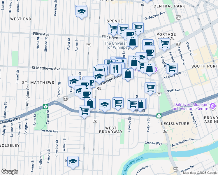 map of restaurants, bars, coffee shops, grocery stores, and more near 317 Furby Street in Winnipeg