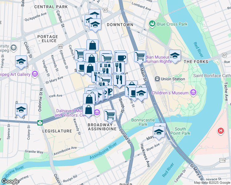 map of restaurants, bars, coffee shops, grocery stores, and more near 134 Smith Street in Winnipeg