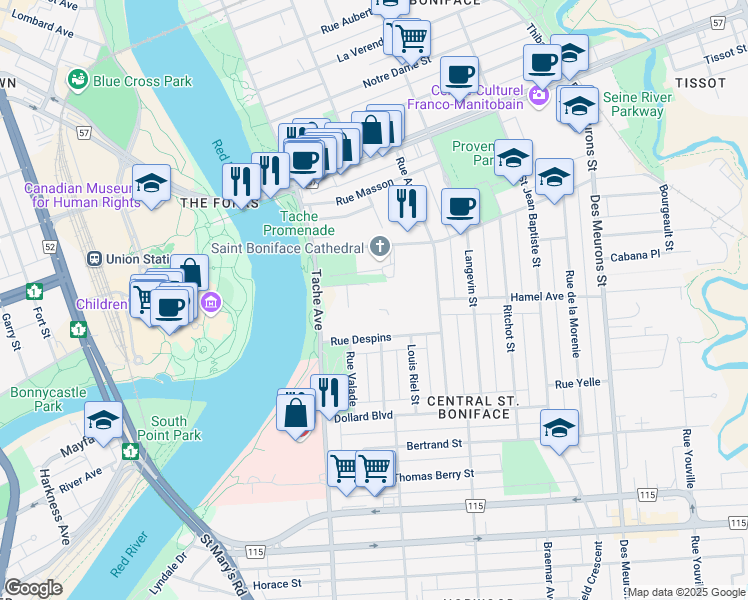 map of restaurants, bars, coffee shops, grocery stores, and more near 185 Despins Street in Winnipeg