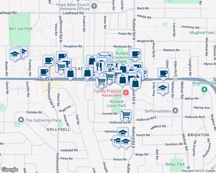 map of restaurants, bars, coffee shops, grocery stores, and more near 301 Highway 33 in Kelowna