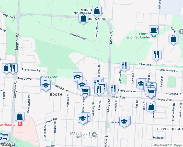 map of restaurants, bars, coffee shops, grocery stores, and more near 40 Strauss Drive in Winnipeg
