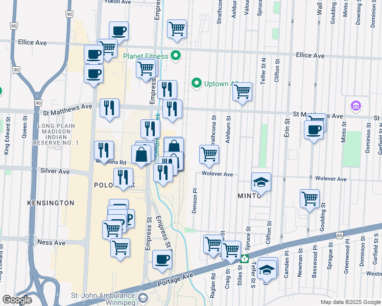 map of restaurants, bars, coffee shops, grocery stores, and more near 1401 Wolever Avenue in Winnipeg
