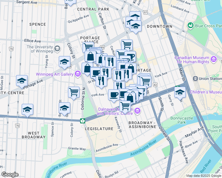 map of restaurants, bars, coffee shops, grocery stores, and more near 391 York Avenue in Winnipeg
