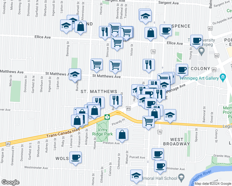 map of restaurants, bars, coffee shops, grocery stores, and more near 291 Beverley Street in Winnipeg